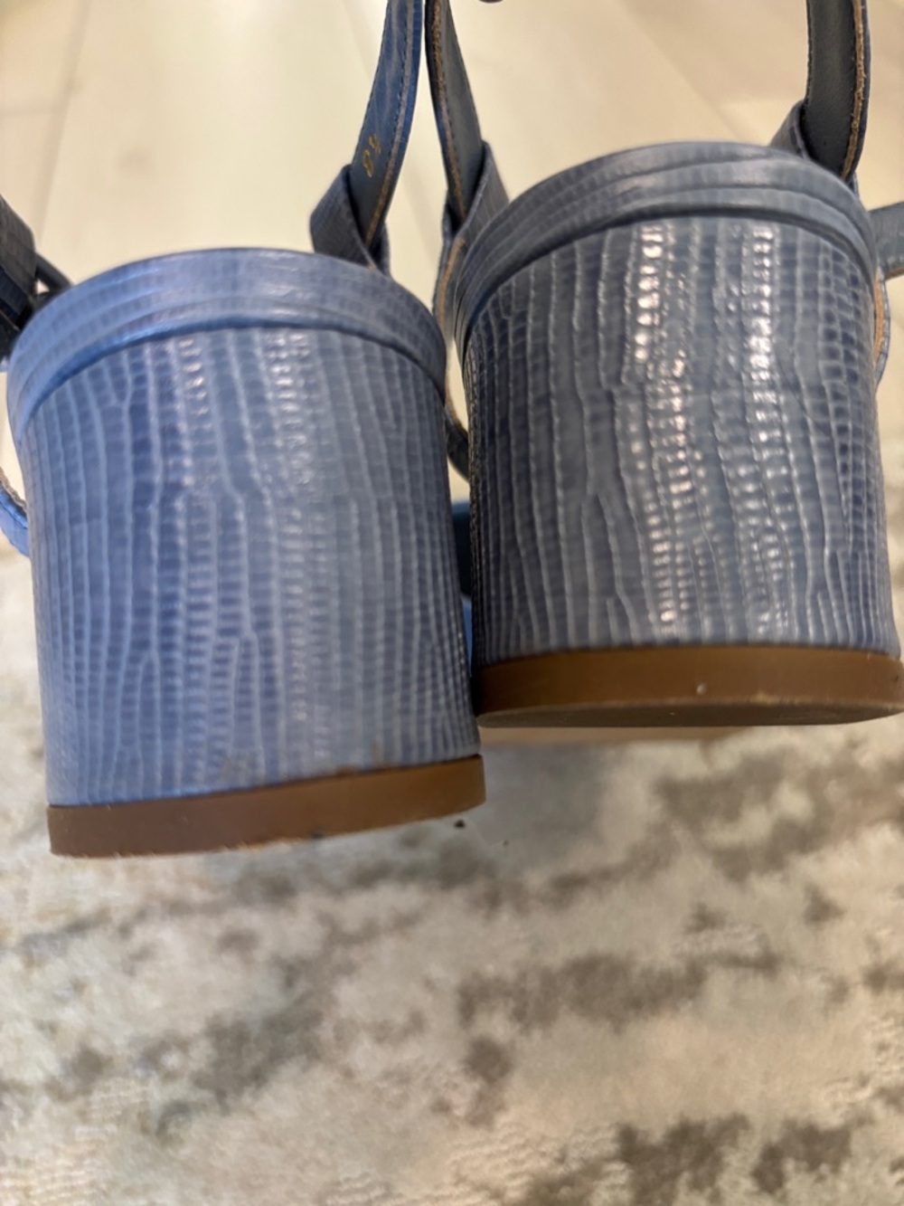 Everlane Slate Blue Lizard-Embossed Block Heel Sandals with Ankle Strap - Picture 8 of 9